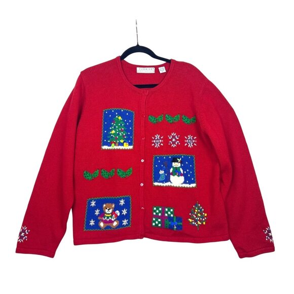 Vtg 90's Christmas Knit Cardigan Sweater Women's XL Red Tree Snowman Snowflakes - Picture 1 of 16